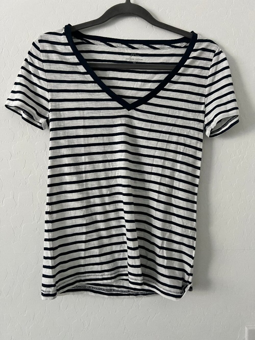 J.Crew Vintage Cotton Striped V Neck T Shirt Women's XS White Navy Short Sleeve